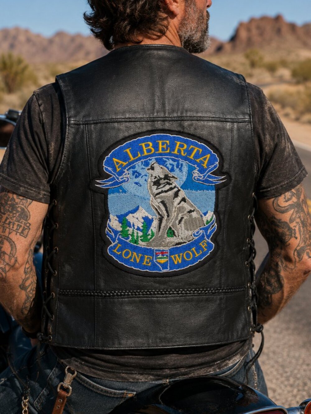 Cruiser By Sofari Black Leather Biker Vest Alberta Lone Wolf Patch Size 44
